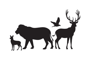 Silhouette of a lion deer and bird in a naturalistic arrangement
