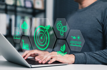 Sustainable business strategy and green technology concept. Icons representing sustainability, renewable energy, CO2 reduction, recycling, green business, environmental tech eco-friendly initiatives.