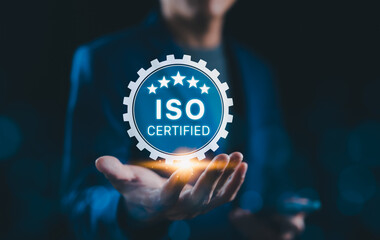 ISO certification standard assurance for business quality and compliance concept. ISO certified, symbol quality management, international standards, organizational excellence, operational efficiency,