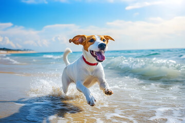 Happy playful dog running on sandy beach, ocean splashing around, energetic pet enjoying summer day outdoors, freedom and joy in motion, blue sky sunny weather, vacation animal lifestyle moment