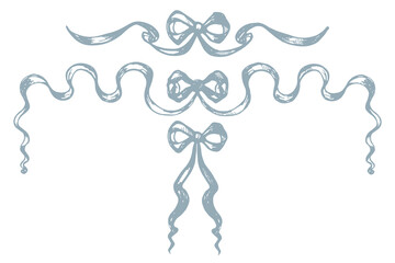 Vintage rococo baroque bows on isolated background. Victorian engraved ribbons tied in knot. Vector set wavy ribbon corners. Hand drawn design for wedding invitation, birthday card, bachelorette party