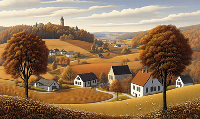Autumnal Farmscape with Tower, Golden Fields, and Quaint White H