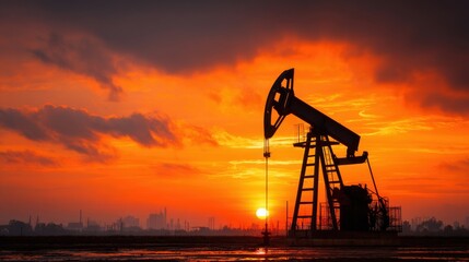 A pump jack operates in the foreground as the sun sets, casting an orange glow across an industrial skyline. The silhouette creates a dramatic contrast with the evening sky.
