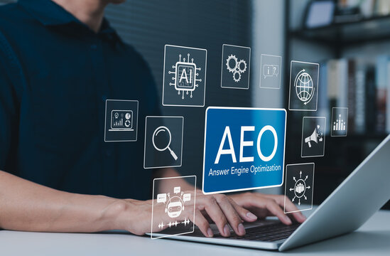 AEO, Answer Engine Optimization Strategy for Digital Marketing Success Concept. Man using laptop with AEO icons representing modern marketing, search optimization, and AI driven content strategies.