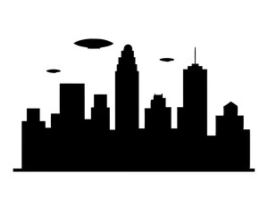 Naklejka premium City Silhouette with UFOs Flying Above, a futuristic and otherworldly scene