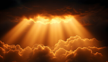 Dramatic golden light beams pierce through dark, textured clouds