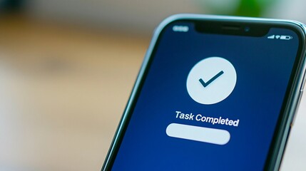task completed notification displayed on a smartphone with checkmark during productivity session, blurry background with copy space