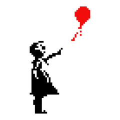 A girl is holding a red balloon. The balloon is red. The girl is reaching up to the sky, trying to keep the balloon. Concept of innocence and childhood.