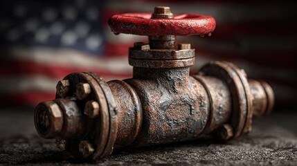 Fototapeta premium A close-up of a rusty valve featuring a red handle, resting on a dark surface. The background is an American flag, giving a patriotic touch to the industrial subject.
