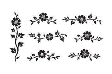 Elegant black floral ornaments with delicate leaves and blossoms