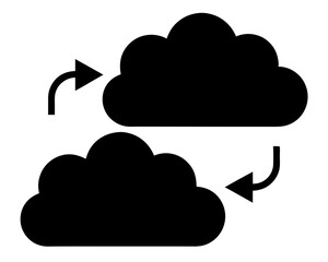 Cloud data transfer and synchronization illustration with continuous loop, black silhouettes