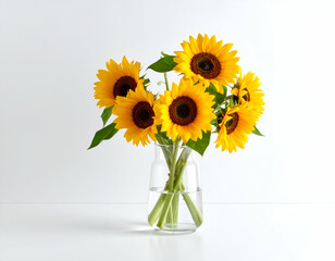 Bright Yellow Sunflowers in a Clear Glass Vase on White Background