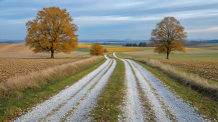 Autumnal Country Road Winding Through Golden Fields and Lone Tre