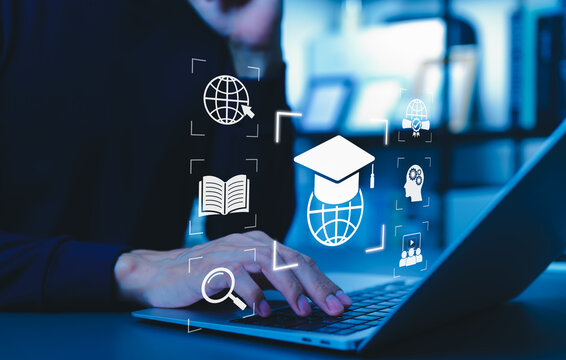 Online Education and E-Learning Digital Technology Concept. Icons of graduation cap, globe, book, and search representing online education, elearning, global knowledge sharing, and learn platform.