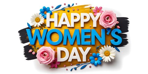Obraz premium Happy Women's Day design features white letters, blue accents, and flowers on a bright yellow background for greeting cards.