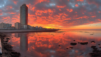 Fiery Sunset Reflections on the Beach with Modern Architecture S