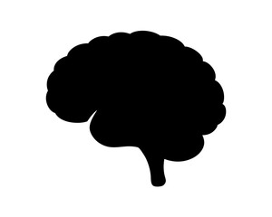 A simple black silhouette of human brain on a white background