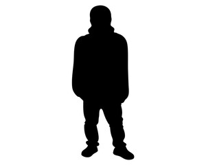 Full body silhouette of a hooded person standing in a relaxed posture