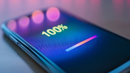 close up on smartphone screen displaying full battery charge percentage 