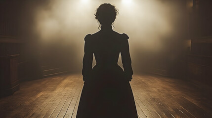 Backlit silhouette of a woman in vintage dress on a stage