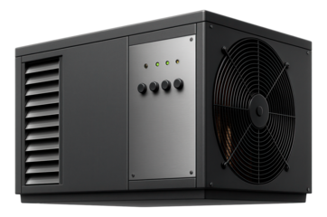 Industrial heat pump for a warehouse, designed with robust components to handle high-capacity heating requirements.