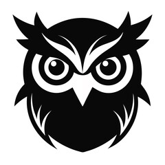 Stylized black owl head silhouette with wide eyes and sharp feathers, perfect for logo design, mascot creation, wildlife icons, and modern graphic design projects