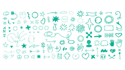 Hand Drawn Doodle Elements Collection - Green Scribble Arrows, Stars, Hearts, Symbols