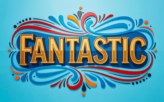Artistic word "Fantastic" in golden letters on blue background with vibrant swirls and decoration for cheerful and creative projects