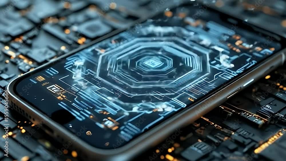 Poster mobile phone displaying abstract glowing blue geometric pattern over circuitry