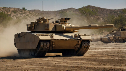 American army tank stationed on a polygon used for military training and drills, surrounded by open terrain