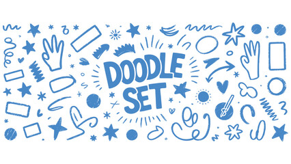 Blue Doodle Hand Drawn Arrows, Stars, Shapes and Scribbles Vector Design Elements