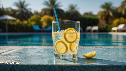 Cold Lemonade with Ice and Straw by Pool