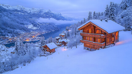 Illuminated Alpine Chalet Overlooking Snowy Village and Lake