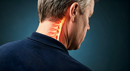Anatomy illustration of a person experiencing severe neck pain with glowing cervical spine. Ideal for medical articles health awareness campaigns or pain relief product advertising.