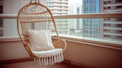 Stylish home balcony decoration with cozy hanging chair featuring knitted cushion and tassel details creating relaxing urban retreat space