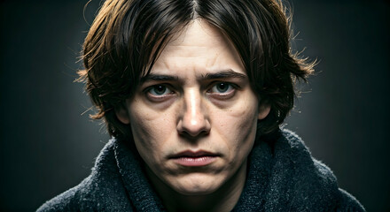 A close up portrait of an individual with an intense gaze capturing a raw emotional depth. Ideal for film character studies psychological drama or artistic visual storytelling.