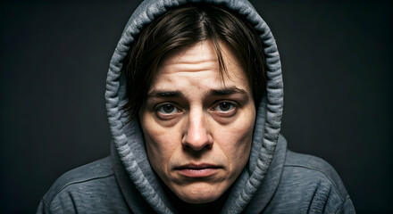 A close-up of a tired person in a grey hoodie conveys struggle and resilience. Use this powerful portrait for projects exploring mental health awareness or social issues.