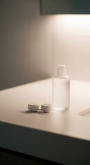 Contact lens case and solution bottle on a countertop. Eye care product for daily vision correction routine.