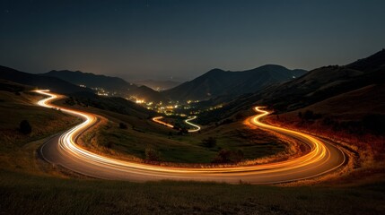 Bright vehicle lights trace a winding road through a hilly terrain at night, showcasing the serene beauty of the landscape and distant city lights.