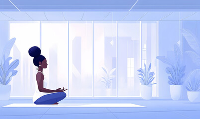 Serene Woman Meditating City View Yoga Studio