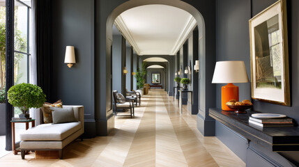 Obraz premium Stylish home decoration with elegant hallway featuring arched doorways soft lighting and comfortable seating creating warm inviting atmosphere