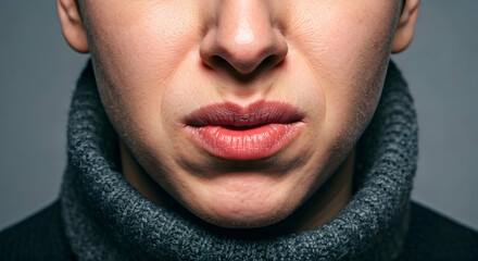A close-up of a person's mouth and nose reveals a puckered expression possibly reacting to a sour taste or discomfort. This image could illustrate emotions or product reactions in a health or wellness