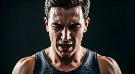 A man with a pained intense expression straining against a dark background. Useful for themes of effort struggle challenge emotion motivation or physical exertion.