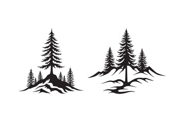 Stylized black silhouette of pine trees on mountainous terrain