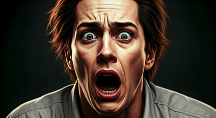 A wide-eyed individual screams in terror a raw emotional portrayal perfect for depicting intense fear or sudden shock in dramatic visual storytelling.