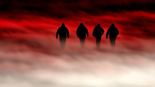 Ethereal figures merging fluidly with thick red fog across a spiritual landscape under moody lighting