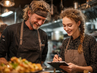 Chef and waitress in a restaurant kitchen smiling while taking notes on a clipboard together closely