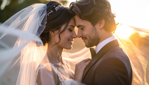 Una pareja de novios reci&eacute;n casados enamorados juntos y felices tras la boda con la luz del atardecer