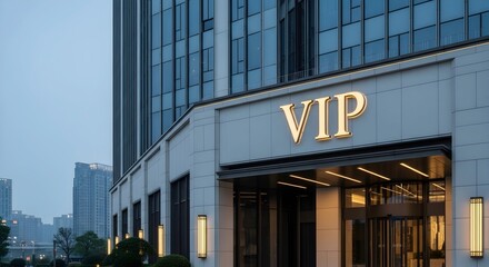 Obraz premium Illuminated VIP sign on a modern building at dusk. Luxury entrance and business architecture concept for professional services.