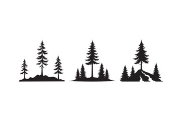 Obraz premium Black silhouette of pine trees on rocky and grassy terrain